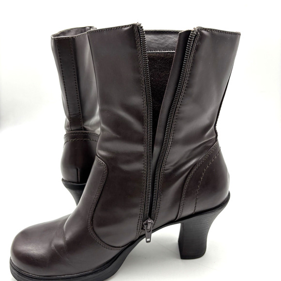 Vintage 00s Y2K Mudd 'CHARLOT' Brown Faux Leather Block Heel Mid Calf Boots 9M - Picture 11 of 16